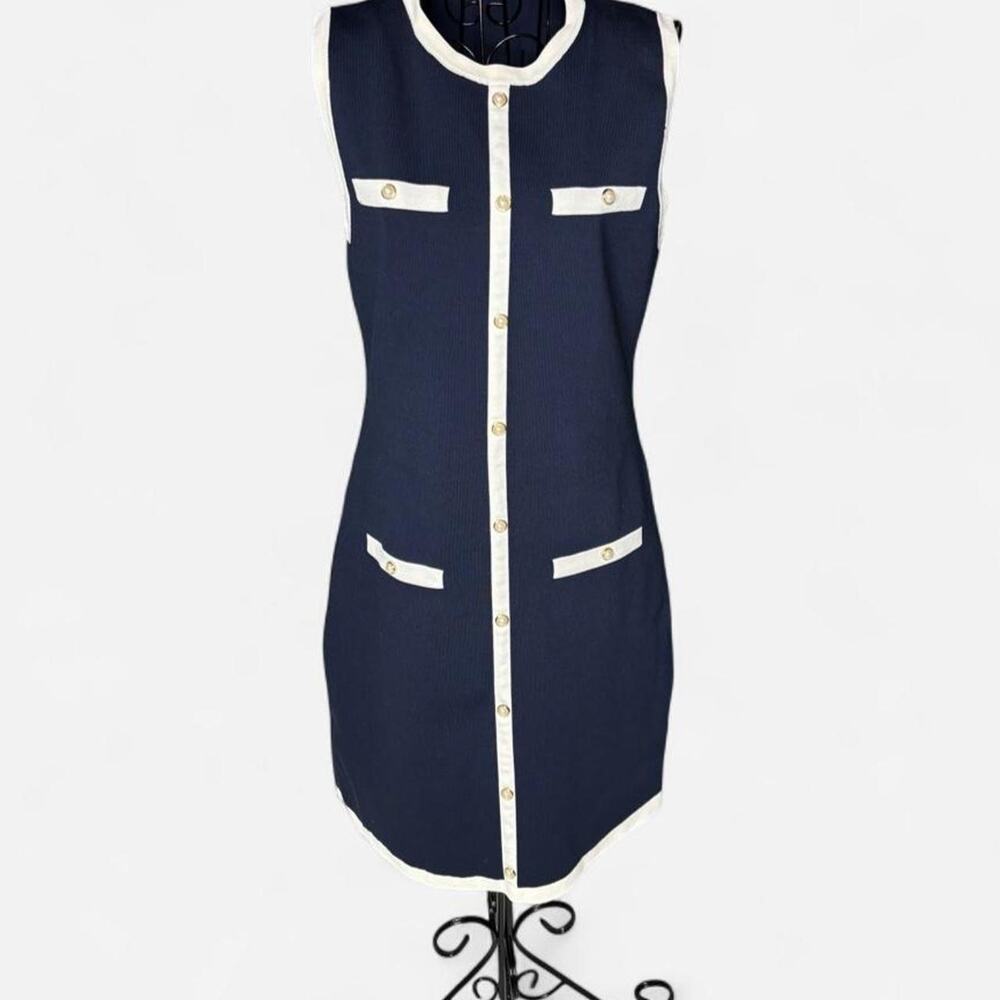Sincerely Jules Navy White Contrast Trim Button Front Knit Shift Dress Size L
